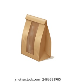 Brown paper lunch bag with transparent insert window vector 3D illustration. Realistic closed empty kraft bag package mockup design for takeaway products isolated on white