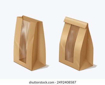 Brown paper lunch bag with transparent insert window vector 3D illustrations set. Realistic closed and open empty kraft bag package mockup design for takeaway products isolated on white