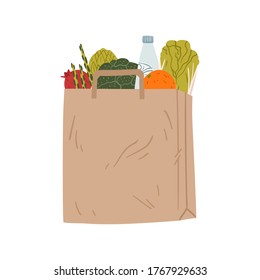 Brown paper pack with healthy groceries vector flat illustration. Eco friendly package with handle for purchases isolated on white. Packet full of different tasty food - vegetables, fruit and bottle