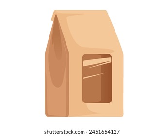 Brown paper packaging bag with transparent window for fast food takeaway meal vector illustration isolated on white background