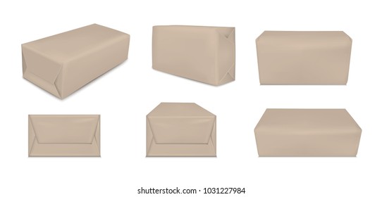 Brown paper packaging isolated on white background. Sachet for soap, coffee, spices, sweets, cookies and flour