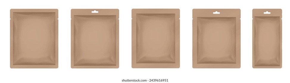 Brown paper sachet or pouch. Vector bags mockup, wet wipes paper or foil packs. Cosmetics samples. Moisturizing sheet face mask