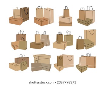 Brown Paper Shopping Bags Minimalist Flat Style. Handbag Collection Vector Illustration on White Background.