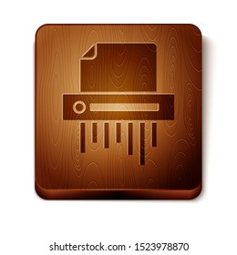 Brown Paper shredder confidential and private document office information protection icon isolated on white background. Wooden square button. Vector Illustration