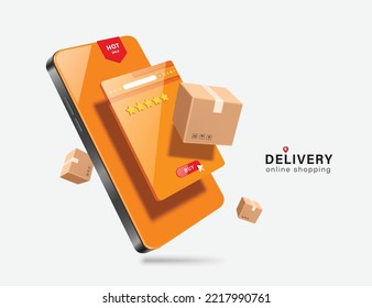 Brown parcel box or cardboard box display and floats out of web browser that is an online shopping platform on smartphone,vector 3d isolated for transport,logistics and online shopping concept design svg