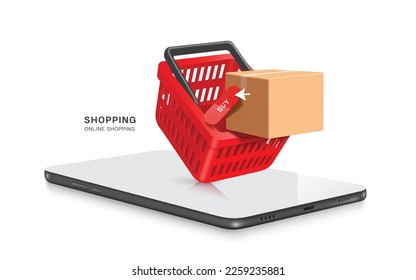 caja de paquetes marrón o caja de cartón y botón rojo de compra en la parte superior de la cesta de la compra roja y todo lugar en la pantalla del smartphone, vector3d aislado para logística, entrega y concepto de compras en línea