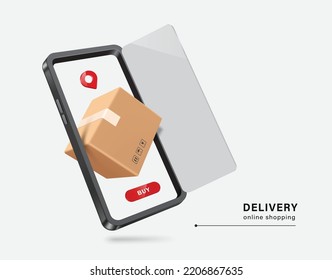 Brown parcel box float on  smartphone screen and has delivery pin for customer at top and buy icon is below and has screen of smartphone that open like door,vector 3 for delivery and online shopping