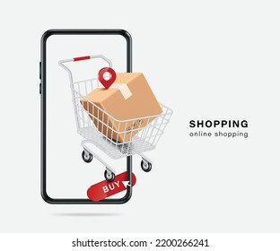 brown parcel box placed in shopping cart And there is a pin for delivery location on top and there is a buy icon below And all objects are popped in front of  smartphone,vector 3d for online shopping 