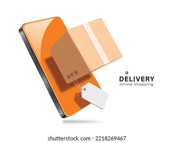 brown parcel box with promotional tag label Floating out of smartphone screen after customer clicks to order online,vector 3d isolated on white background for delivery and online shopping concept