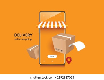 Brown parcel box with receipt paper flowing out. It was floating in front of smartphone shop and there was red pin next to it,vector 3d isolated on orange background for delivery and online shopping