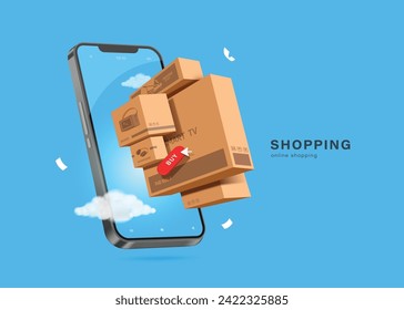 Brown parcel boxes floated from blue smartphone screen after the customer clicks to order online,vector 3d isolated on blue background for logistics,delivery and online shopping concept design