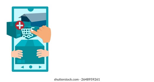 Brown parcel boxes floated from blue smartphone screen after the customer clicks to order online,vector 3d isolated on blue background for logistics,delivery and online shopping concept design