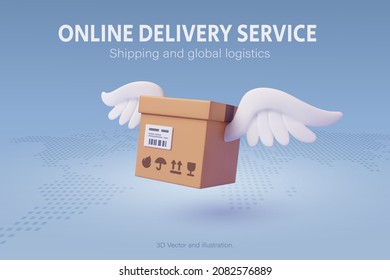 Brown parcel cardboard box fly over the world map, online delivery service or shipping and global logistic concept, quick and fast cargo shipment. Vector EPS10.