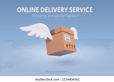Brown parcel cardboard box fly over the world map, online delivery service or shipping and global logistic concept, quick and fast cargo shipment