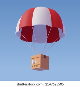 Brown parcel cardboard box with parachute, online delivery service or shipping and global logistic concept, quick and fast cargo shipment, Airdrop in cryptocurrency and NFT game or GameFi concept.