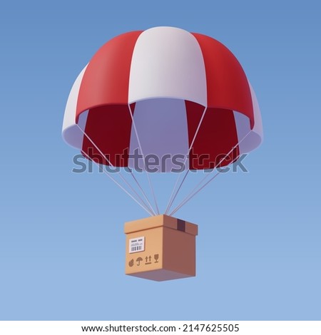 Brown parcel cardboard box with parachute, online delivery service or shipping and global logistic concept, quick and fast cargo shipment, Airdrop in cryptocurrency and NFT game or GameFi concept.