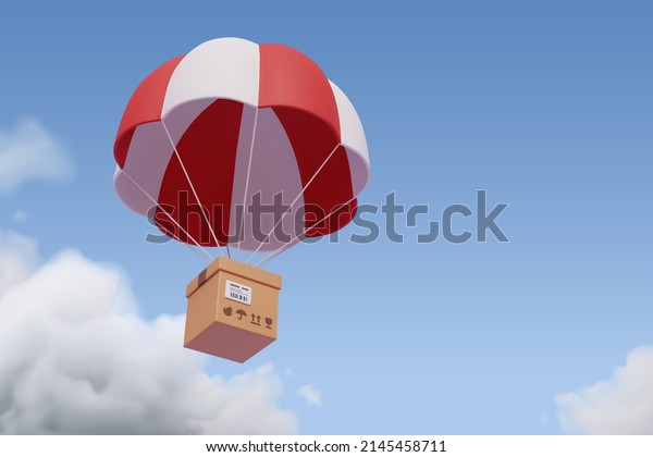 Brown parcel cardboard box with parachute,
online delivery service or shipping and global logistic concept,
quick and fast cargo shipment, Airdrop in cryptocurrency and NFT
game or GameFi concept.