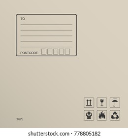 
Brown parcel paper background with blank area for address and packaging icon set of fragile care. Abstract background for online delivery. Vector illustration.