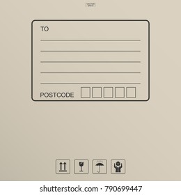 Brown parcel paper background with blank area for address and packaging icon set of fragile care. Abstract background for online delivery. Vector illustration.