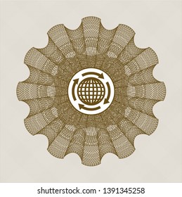 Brown passport money rosette with globalization icon inside