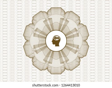 Brown passport money rosette with head with gears inside icon inside