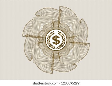 Brown passport money rosette with laurel wreath with money symbol inside icon inside
