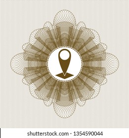 Brown passport money rosette with map pointer icon inside