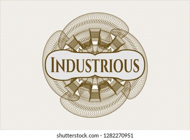 Brown passport money rosette with text Industrious inside