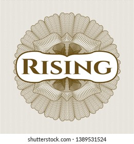 Brown passport money rosette with text Rising inside