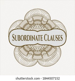 Brown passport money rosette with text Subordinate Clauses inside