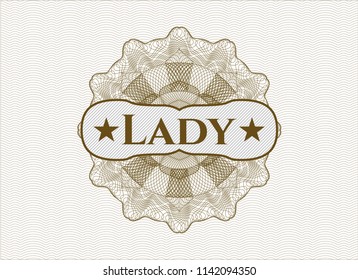 Brown passport money rossete with text Lady inside