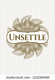 Brown passport money rossete with text Unsettle inside