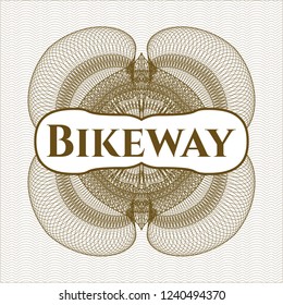 Brown passport money rossete with text Bikeway inside