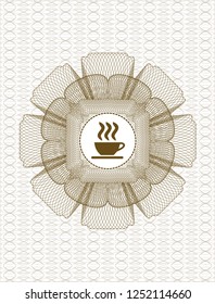 Brown passport money style rosette with coffee cup icon inside
