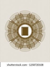 Brown passport money style rosette with book icon inside