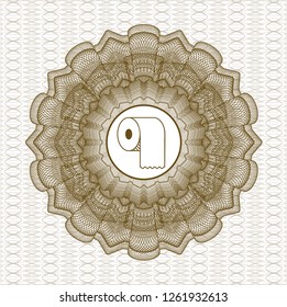 Brown passport money style rosette with toilet paper icon inside