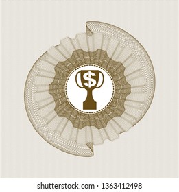 Brown passport money style rosette with trophy with money symbol inside icon inside