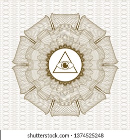 Brown passport money style rosette with illuminati pyramid icon inside