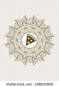 Brown passport money style rosette with pizza slice icon inside