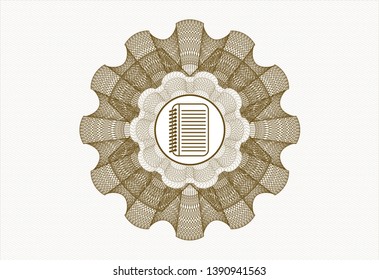 Brown passport money style rosette with note book icon inside