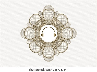Brown passport money style rosette with headphones icon inside