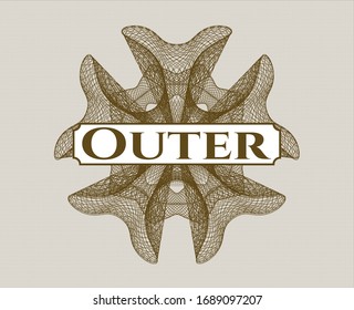 Brown passport money style rosette with text Outer inside