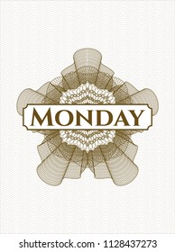 Brown passport money style rossete with text Monday inside