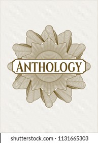 Brown passport money style rossete with text Anthology inside