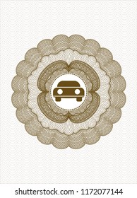 Brown passport money style rossete with car seen from front icon inside
