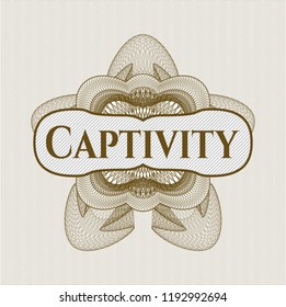 Brown passport money style rossete with text Captivity inside