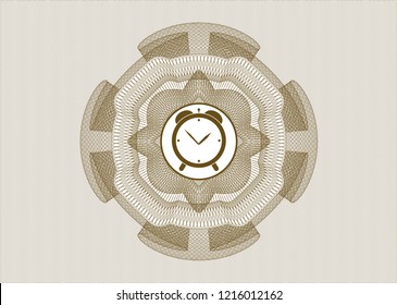 Brown passport money style rossete with alarm clock icon inside