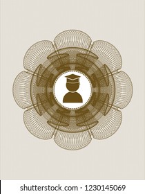 Brown passport money style rossete with graduation icon inside
