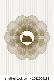 Brown passport rosette with chicken dish icon inside