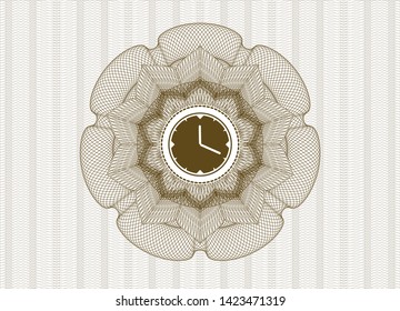 Brown passport rosette with clock, time icon inside
